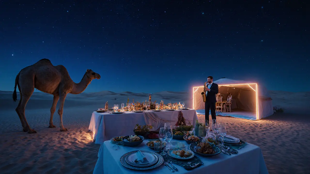 A luxurious desert dinner under the stars with neon lights and a saxophonist playing.