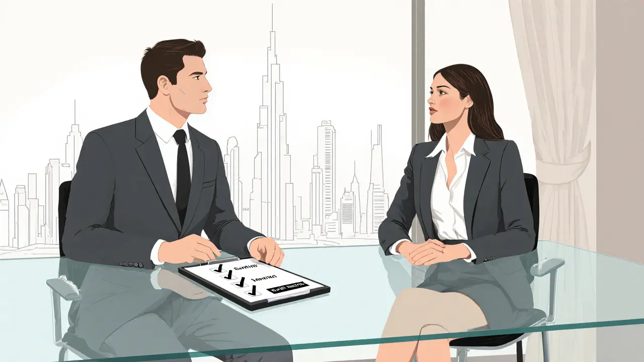 Agency office scene showing manager consulting an escort with safety documents.