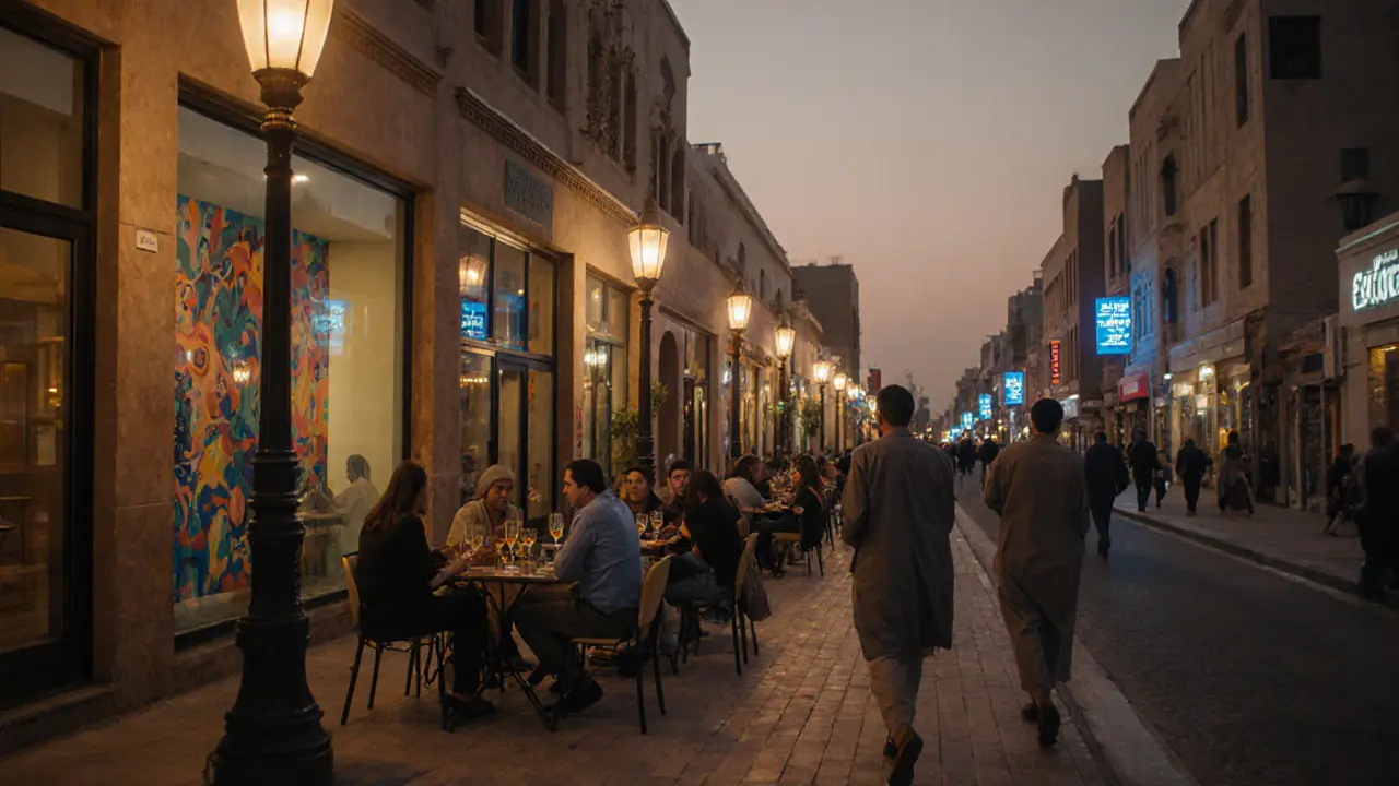 Alserkal Avenue arts district at dusk with galleries, cafés, and people socializing.
