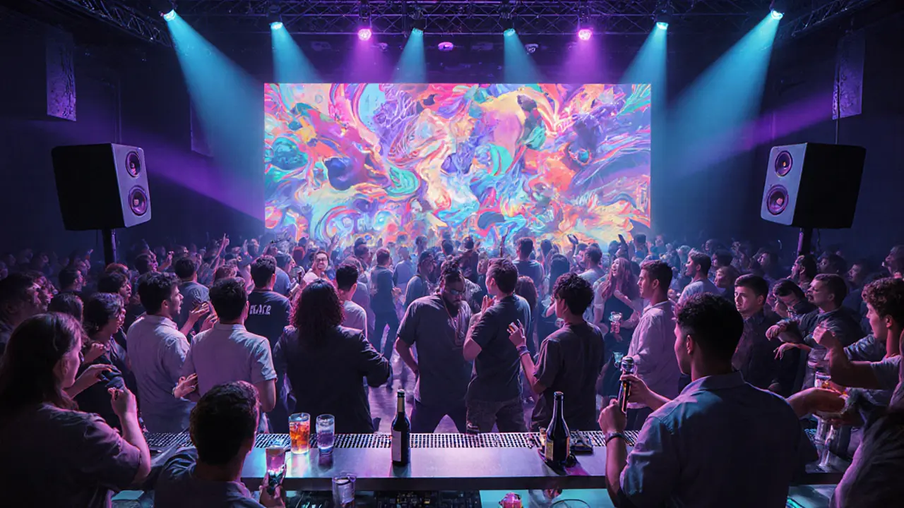 BASE Dubai interior with dancing crowd, LED wall, and live hip‑hop performer.