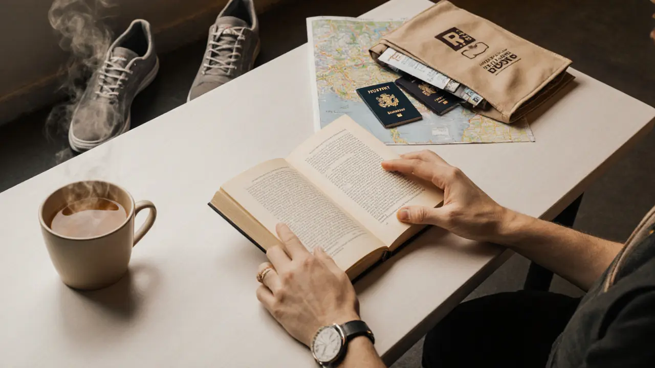 Book and tea on a café table with running shoes and passport nearby in Dubai.