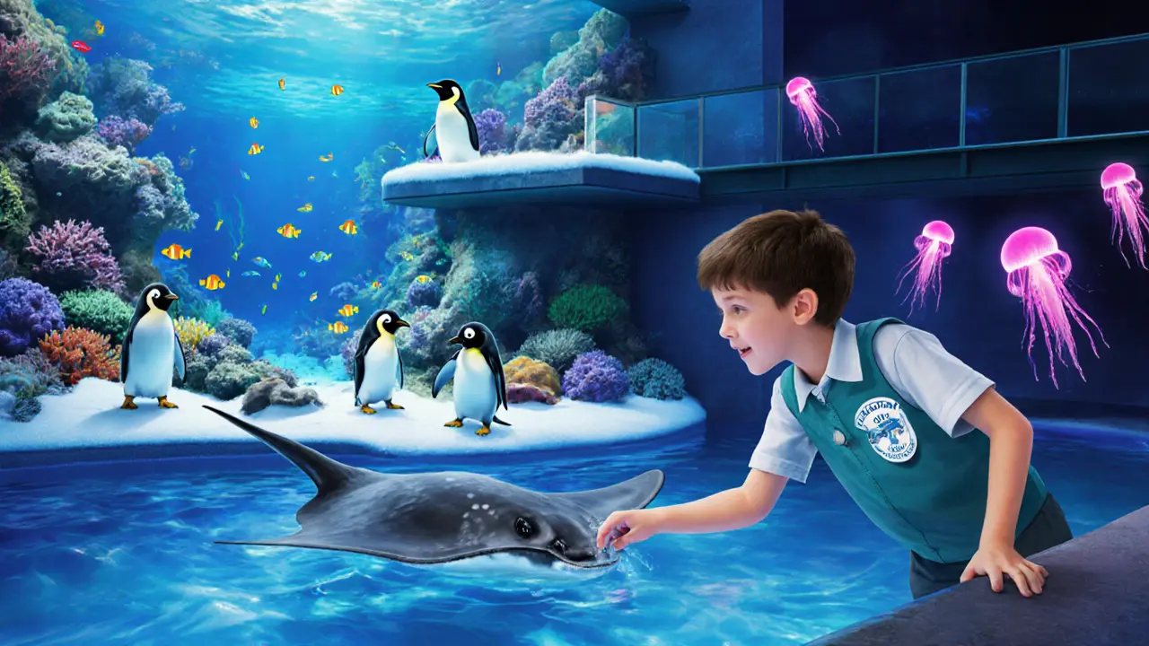 Child feeding stingrays in Ray Pool near penguins and coral reef.