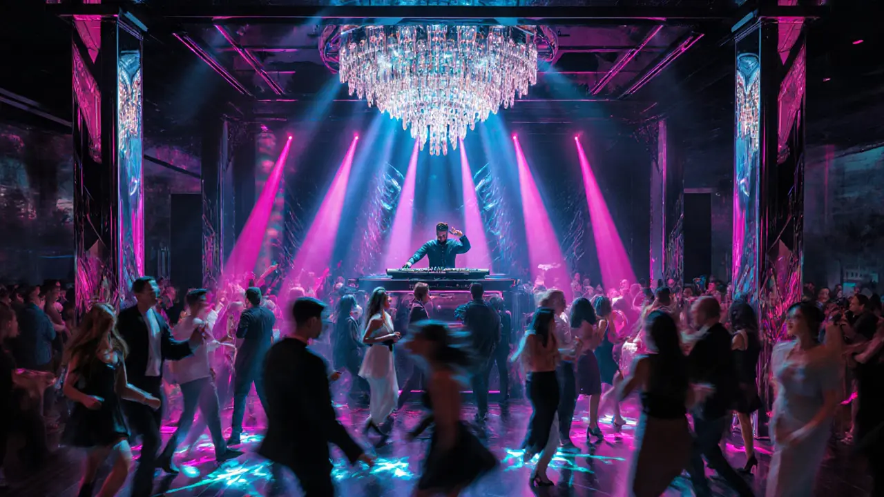Club Noir interior with laser lights, DJ booth, and fashionable crowd dancing.