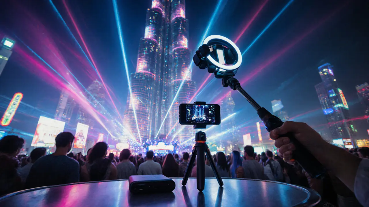 Concert selfie gear setup with smartphone, gimbal, selfie stick, and LED light near Burj Khalifa.