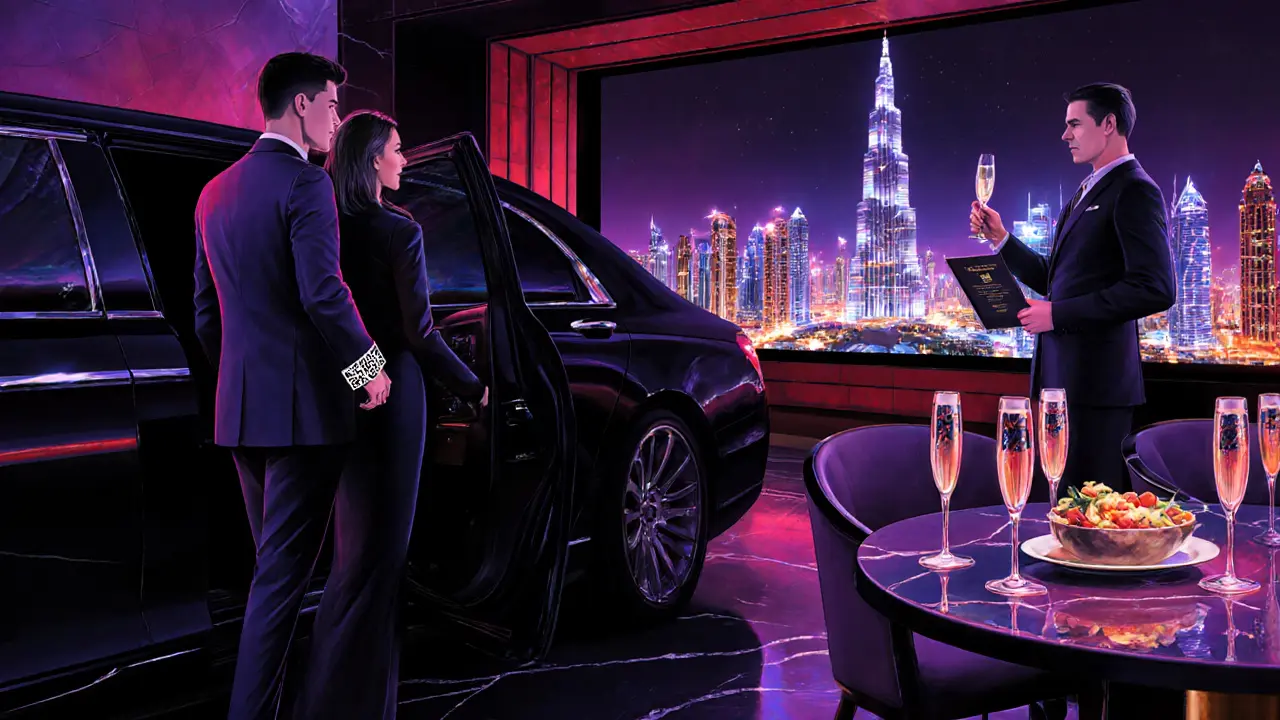 Couple in limousine arriving, enjoying champagne in the Vault with Burj Khalifa lights.