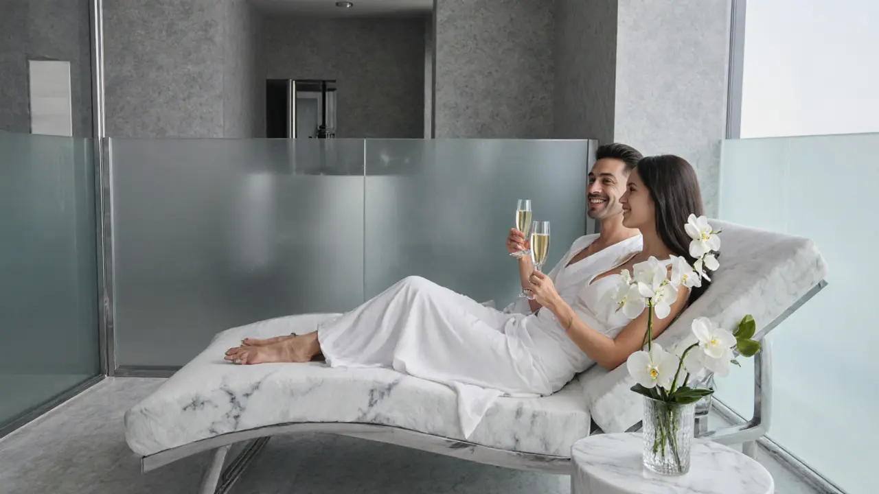 Couple relaxing in a minimalist luxury spa, sipping champagne on a marble side table.