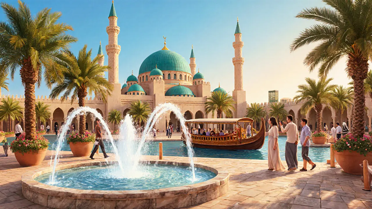 Courtyard with fountains, nearby abra boat, and tourists strolling.