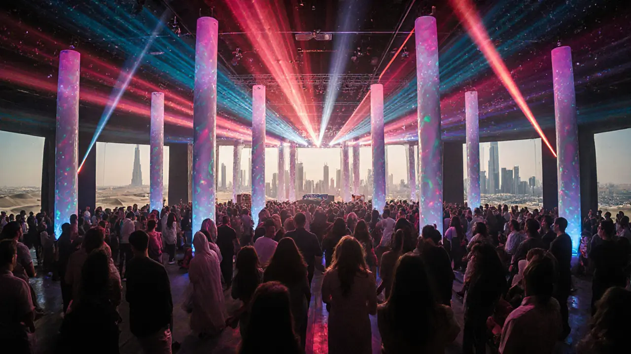 Crowd dancing under laser lights as DJ Alok performs inside White Dubai.