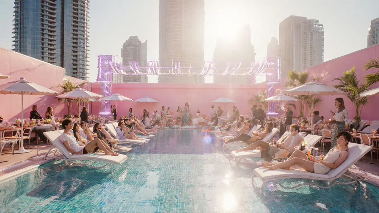 Daytime Sunrise Lounge concept with poolside brunch and pastel colors.