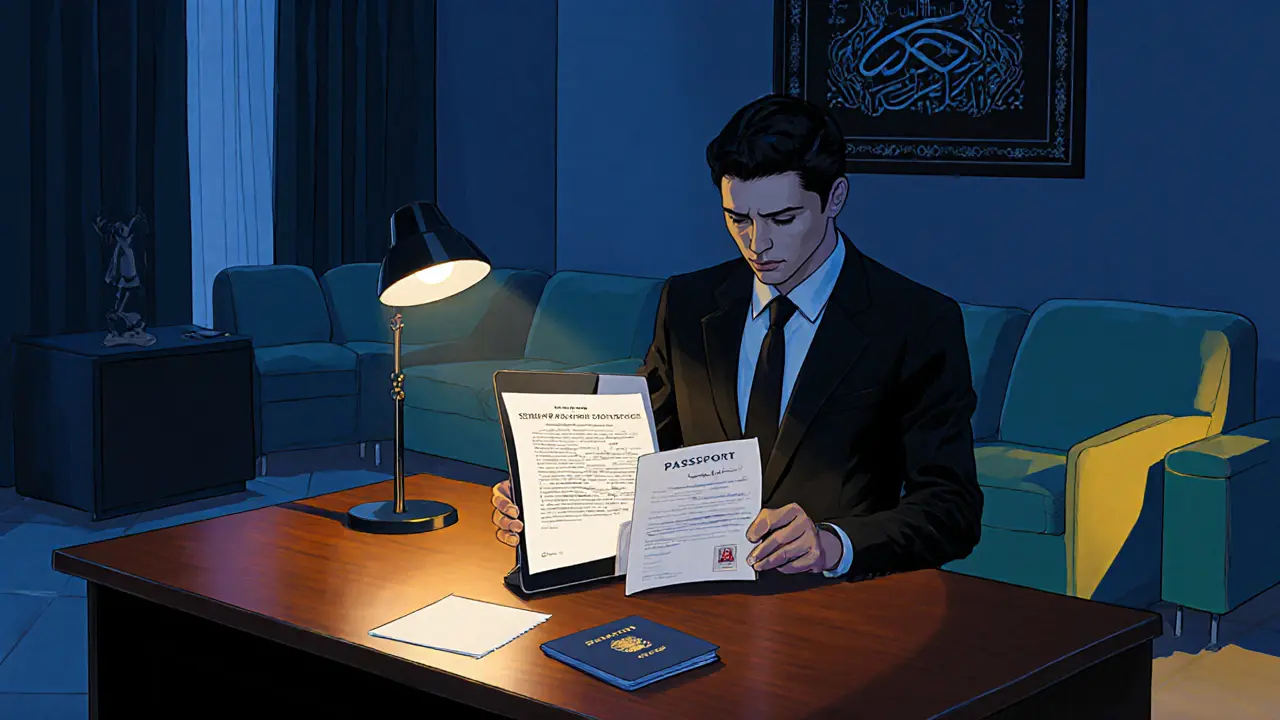 Discreet agency office with contract, passport, and security liaison reviewing IDs.