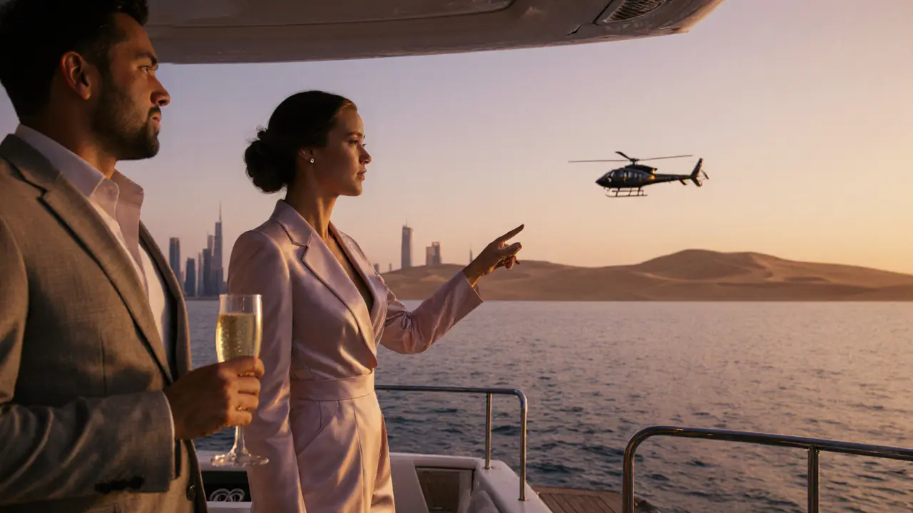 Escort and client on a private yacht at sunset with Dubai lights in the distance.