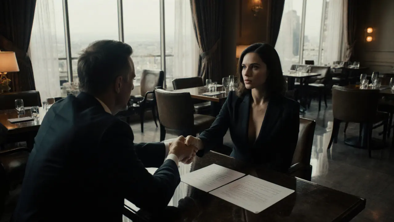 Escort and client shaking hands over a contract in a upscale café.