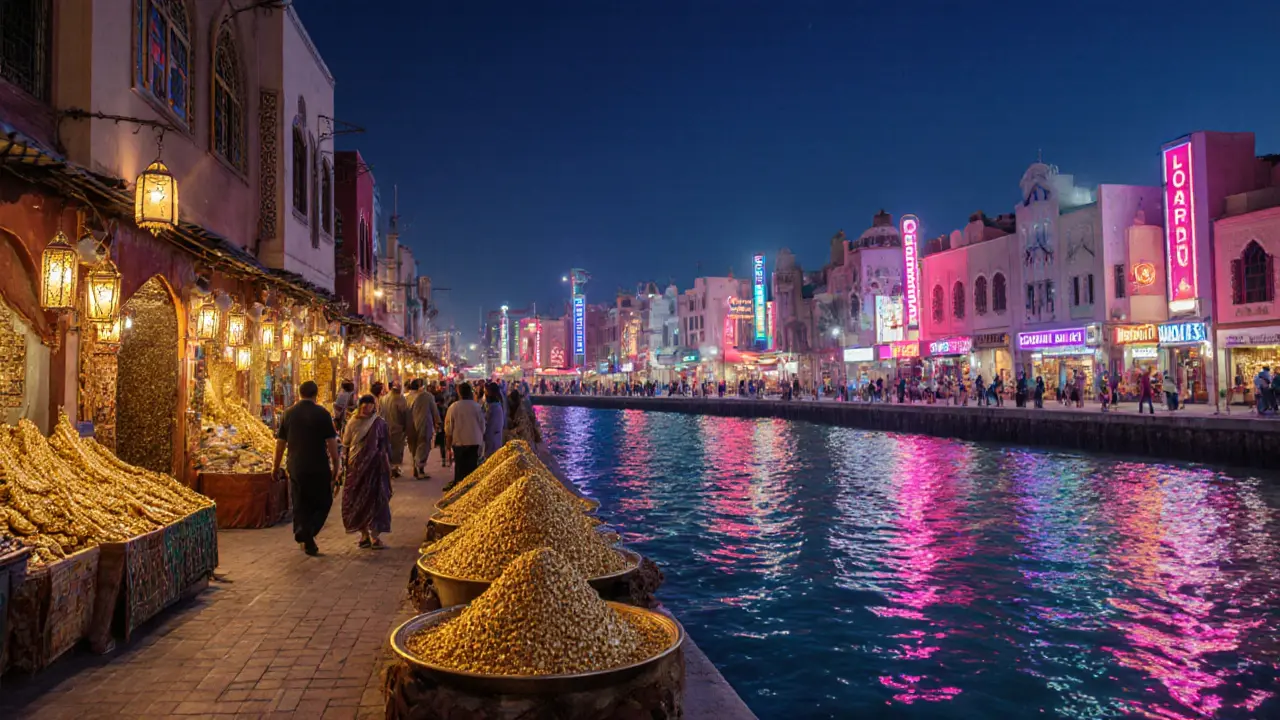 Evening scene of Gold Souk and waterfront promenade with lantern‑lit stalls and shoppers.