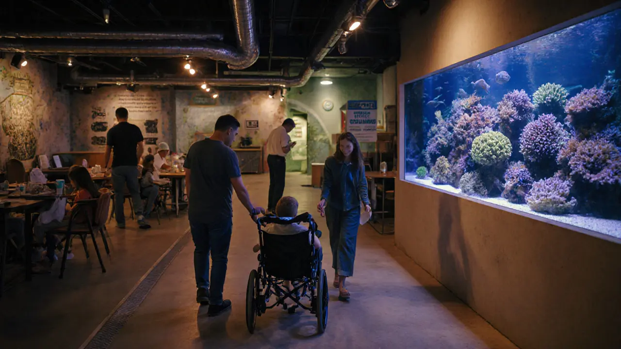 Family touring eco‑friendly underwater zoo with visible sustainability features.