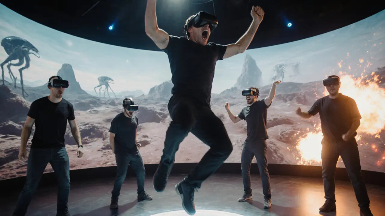 Friends immersed in a VR adventure, surrounded by holographic alien environments.