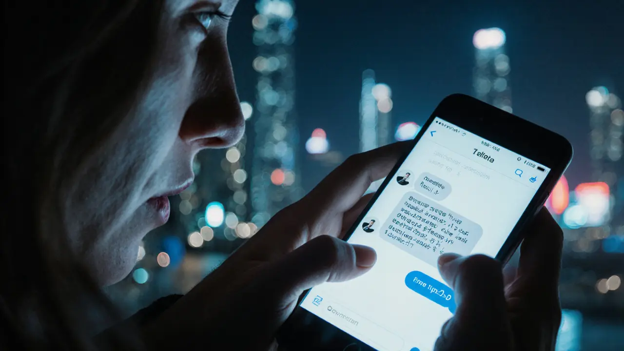 Hands typing on a encrypted messaging app with coded text reflected in tired eyes.