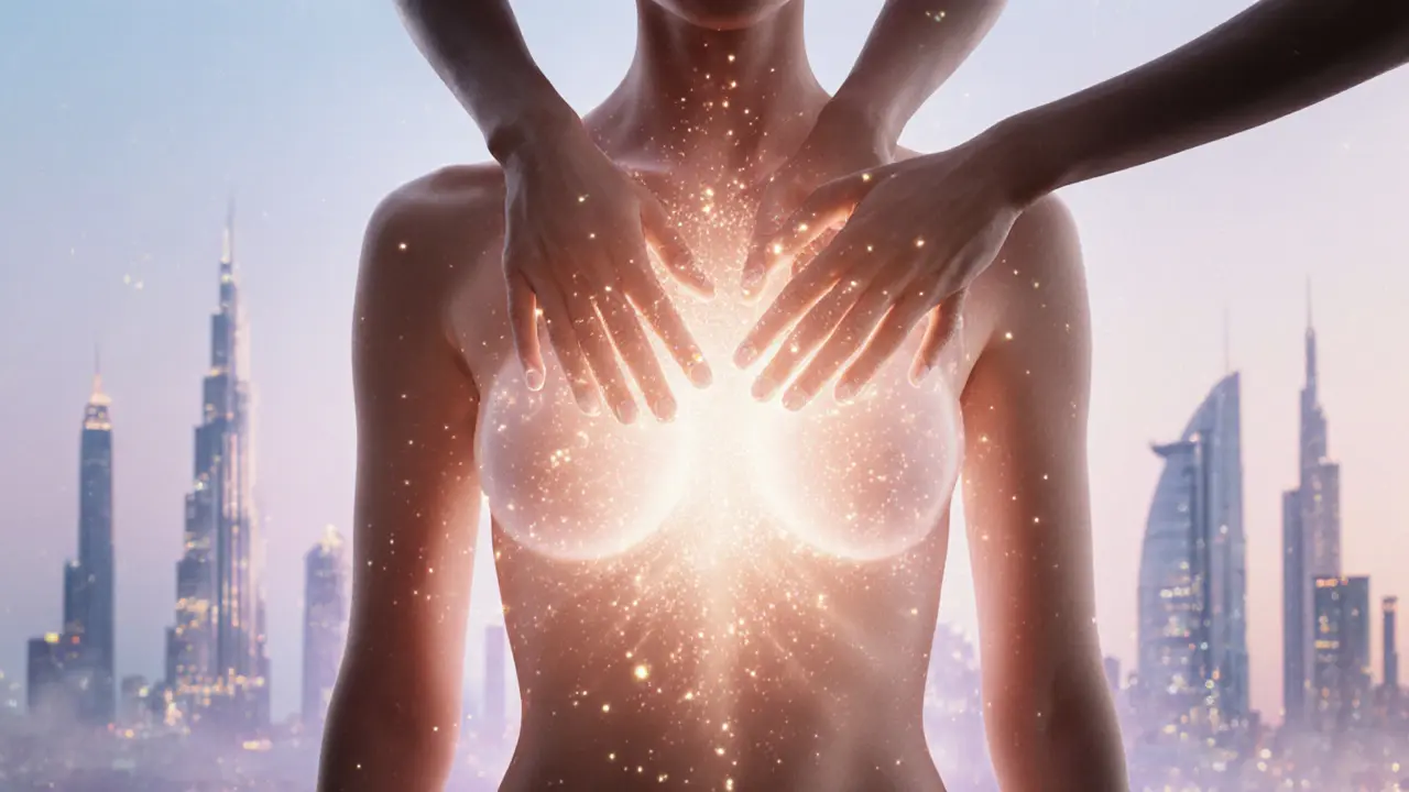 Illustration of glowing particles around a woman's torso showing hormonal benefits of sensual touch.