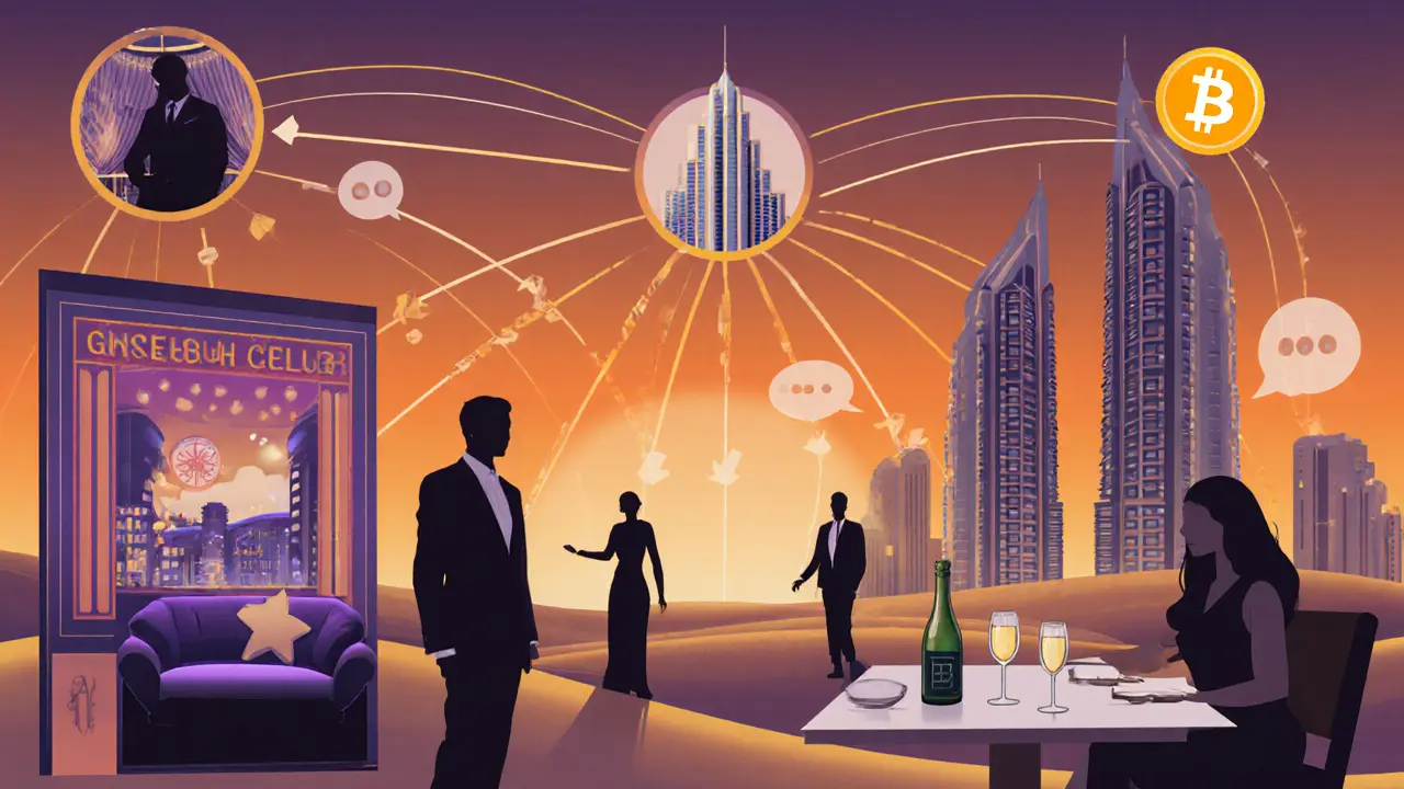 Illustration showing interconnected icons of hotels, clubs, real estate, and crypto representing the underground economy.