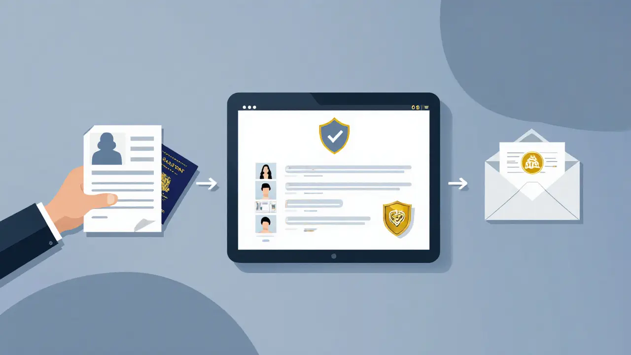 Illustration showing secure booking steps with a tablet, passport, and sealed envelope.