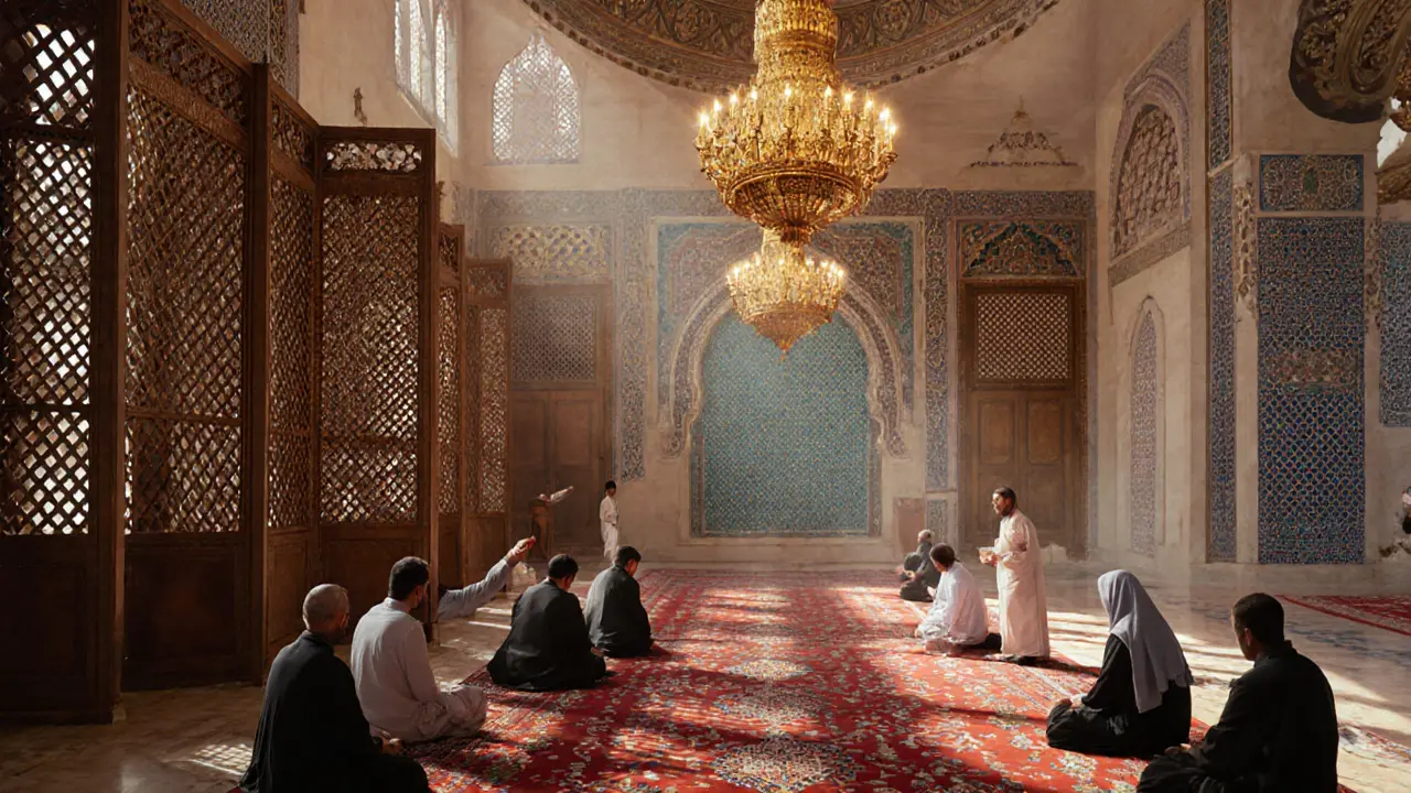 Inside prayer hall with chandeliers, mashrabiya screens, and modest visitors.
