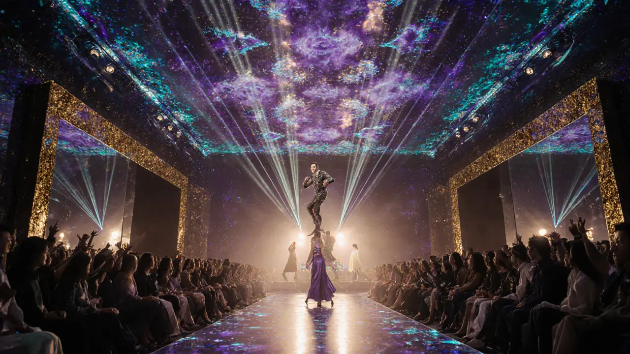 Interior of Cavalli Club with mirrored walls, LED ceiling, gold accents, and runway fashion show.