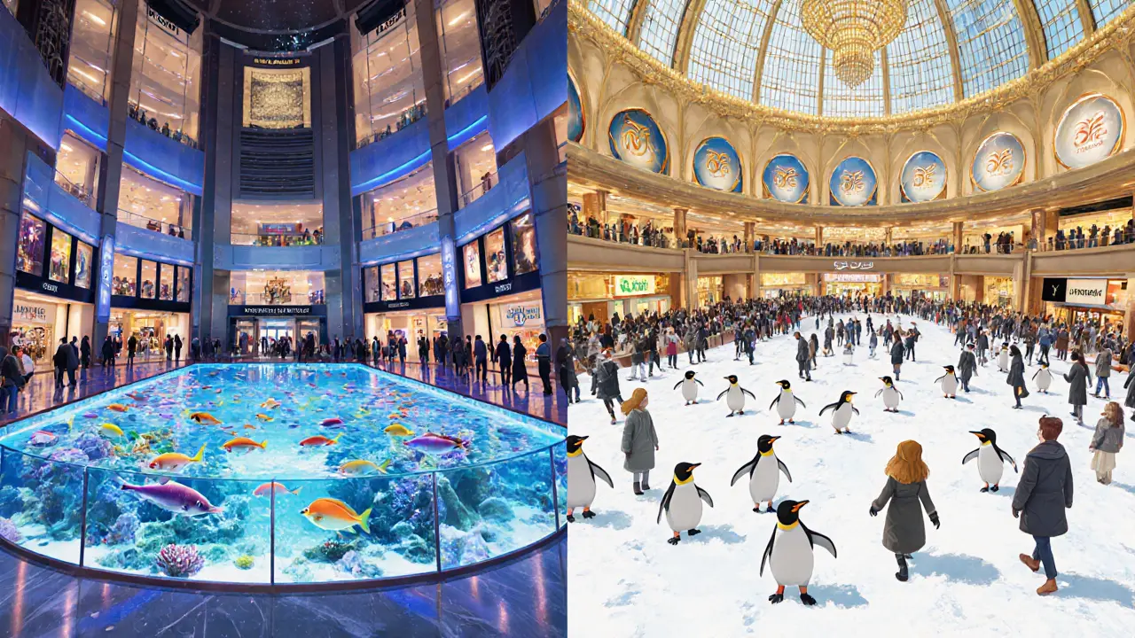 Interior of Dubai Mall with aquarium, ice rink, and luxury boutiques alongside Ski Dubai scene.