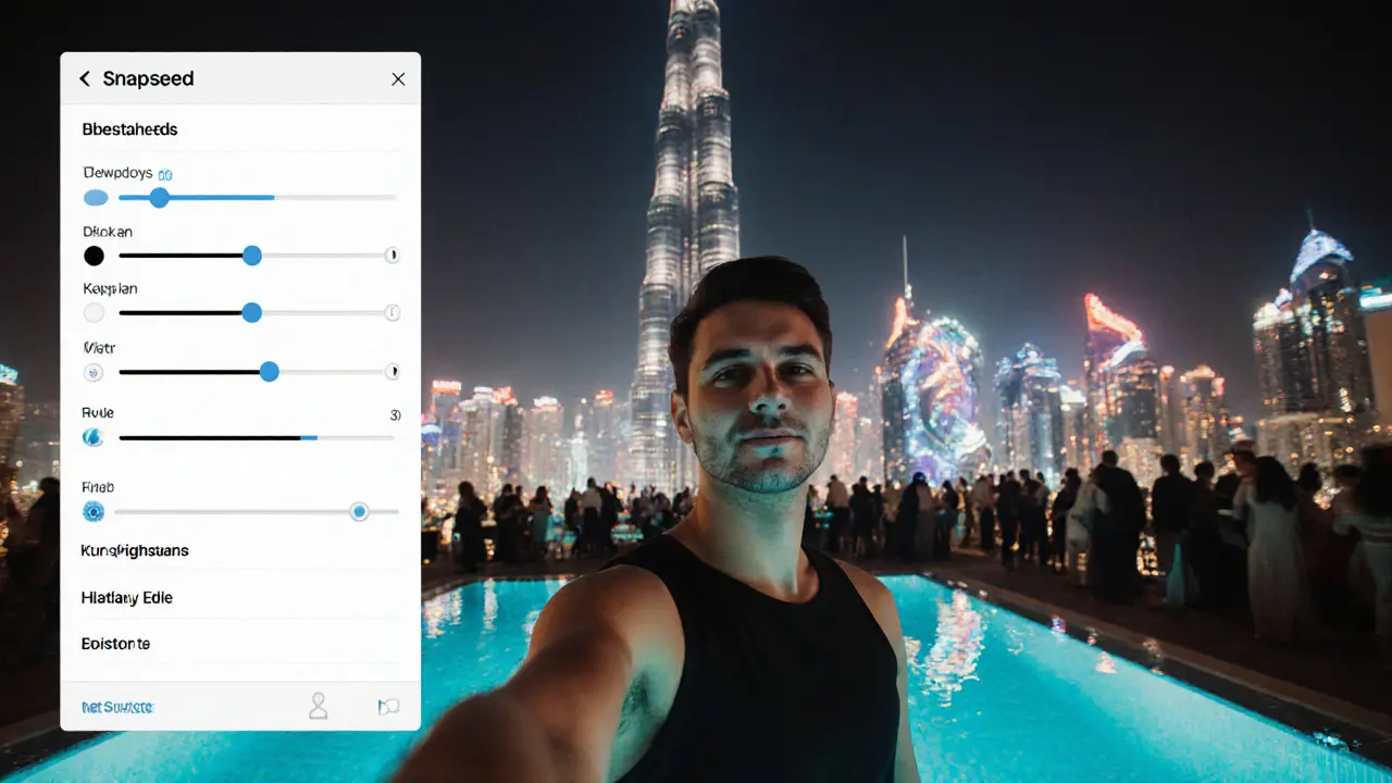 Low‑angle rooftop selfie of a person with Burj Khalifa skyline and photo‑edit overlay.