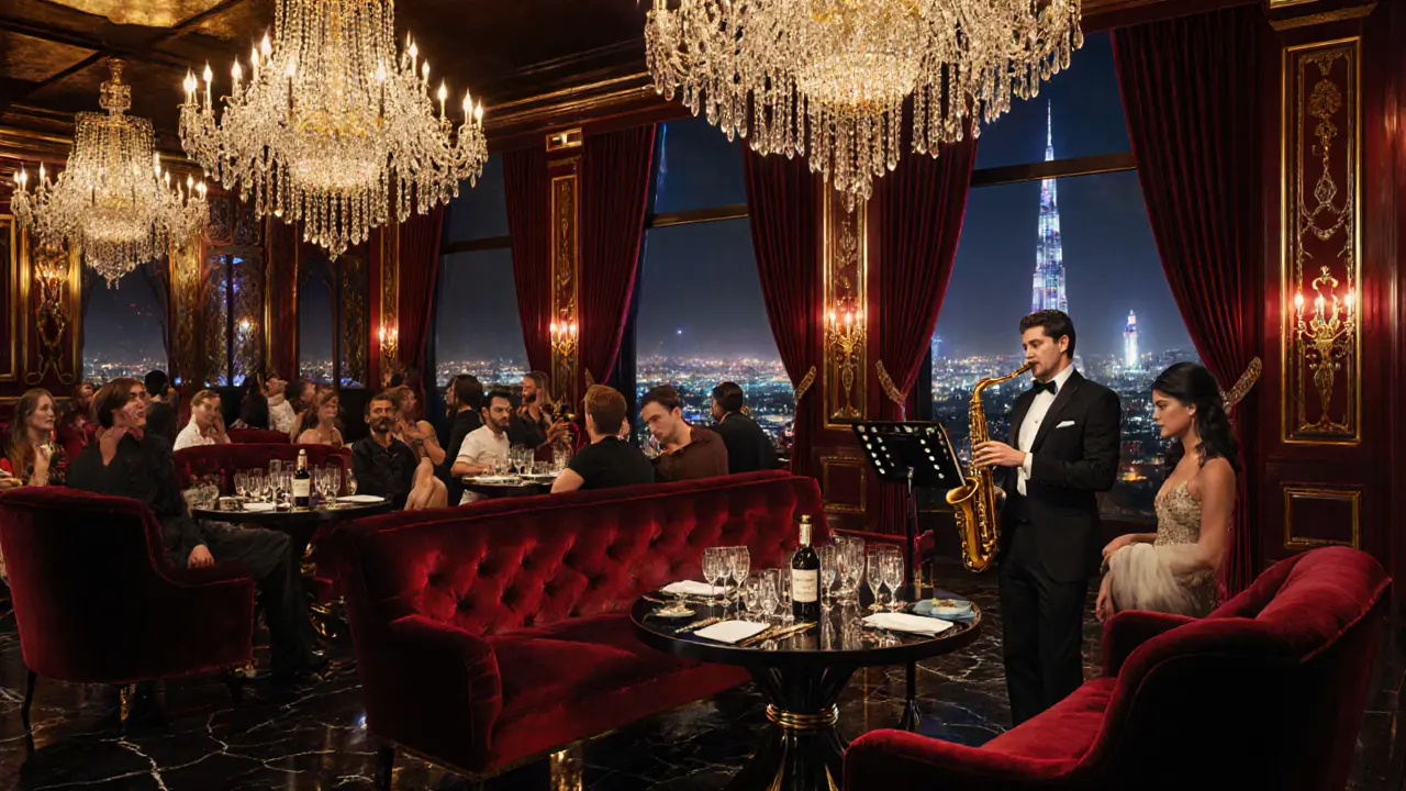Luxurious Cavalli Club lounge with elegant patrons, chandelier, and Burj Khalifa view.