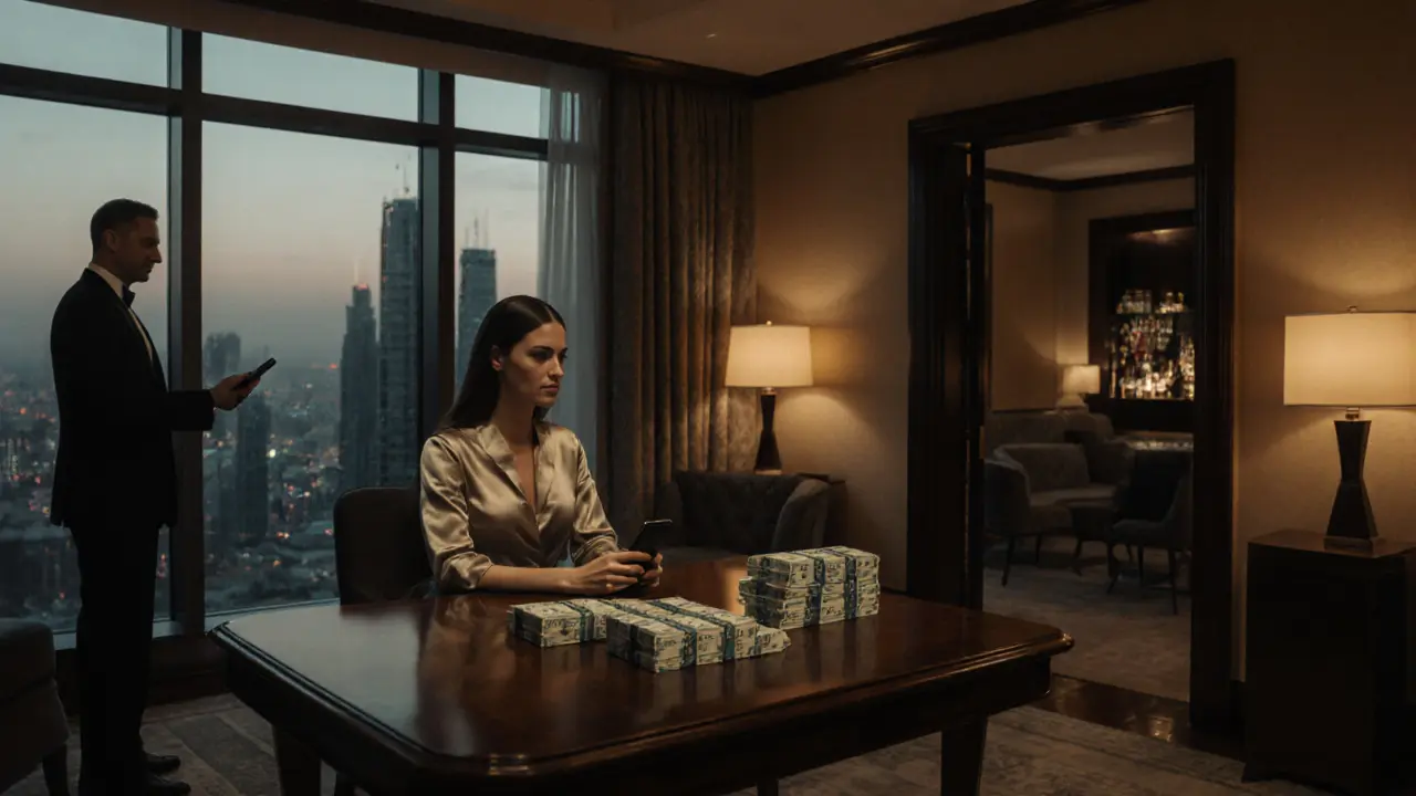 Luxurious hotel suite showing a woman with cash and a smartphone, implying discreet deals.