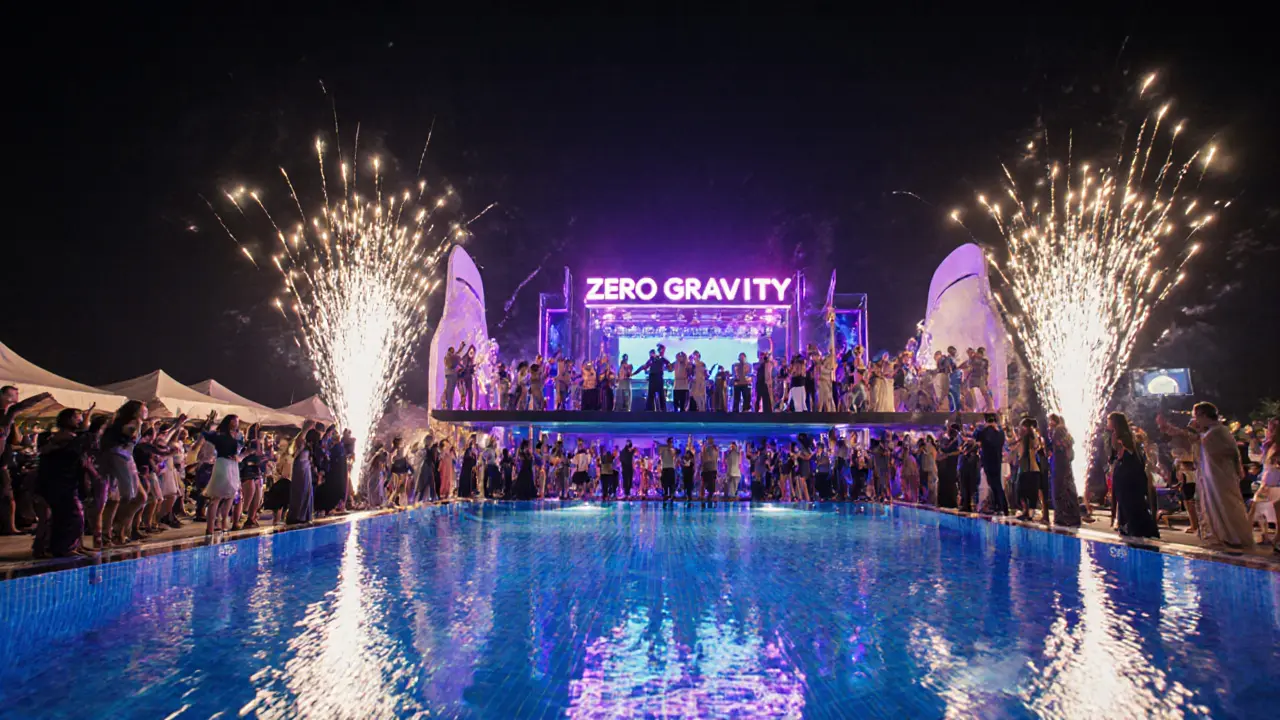 Night scene at Zero Gravity showing infinity pool, DJ, fireworks and dancing crowd.