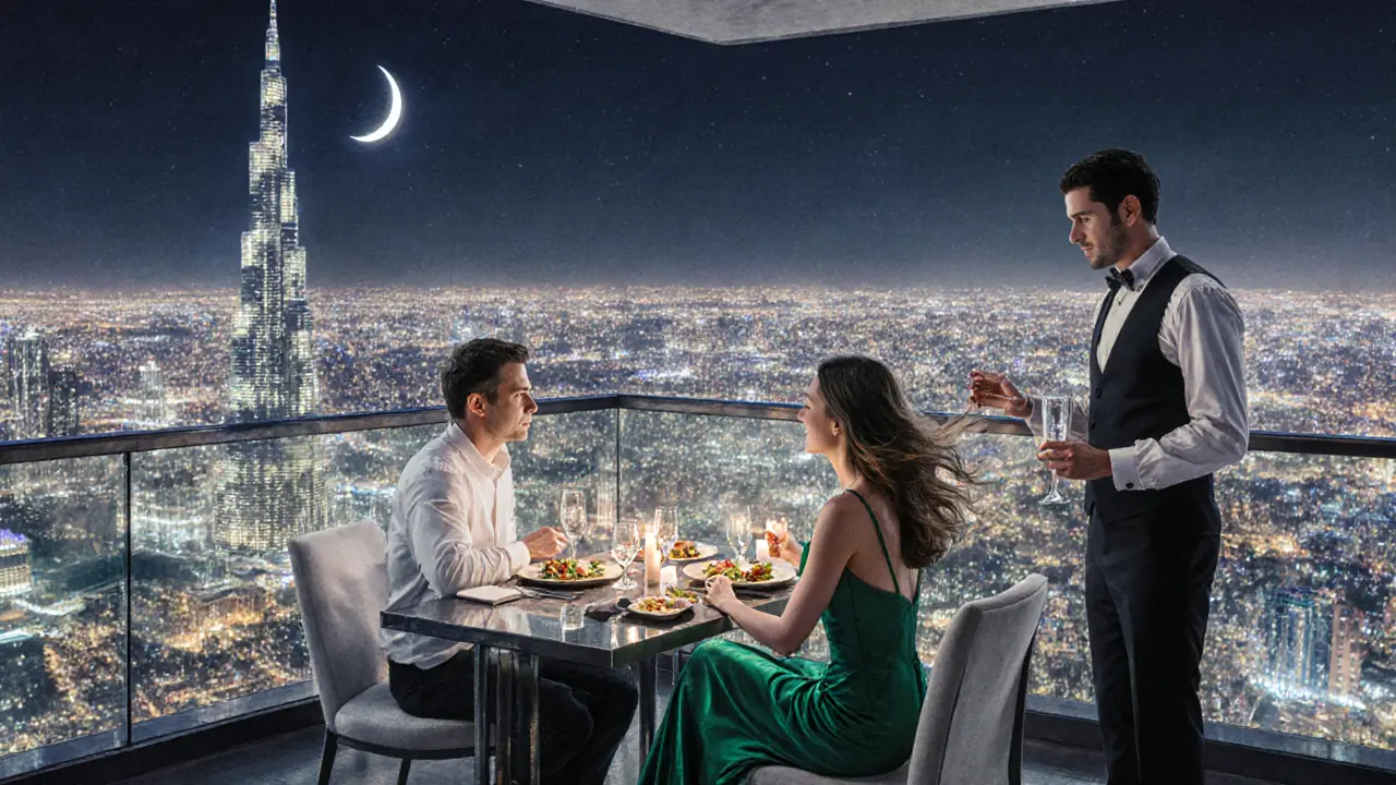 Rooftop dinner at Burj Khalifa with a couple enjoying a meal under city lights.