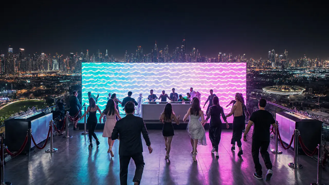 Rooftop nightclub with dancing guests, neon lighting and a glittering Dubai skyline.