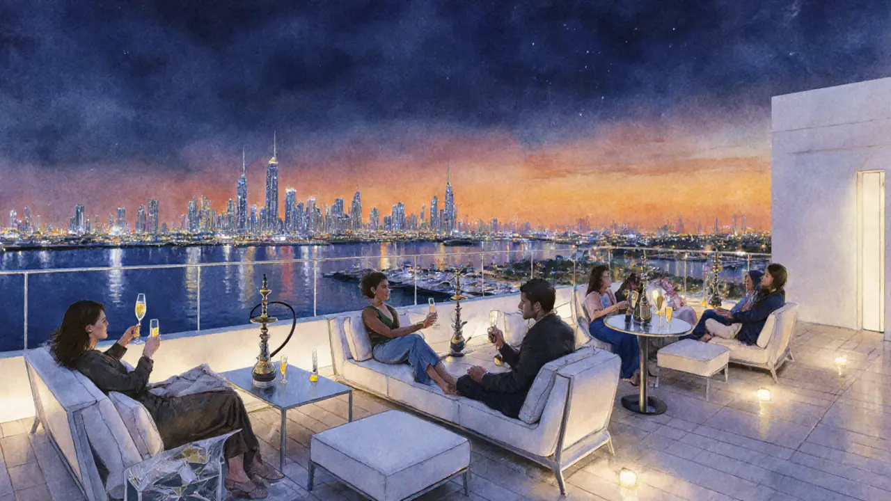 Rooftop terrace at sunrise, guests enjoying drinks with marina view.