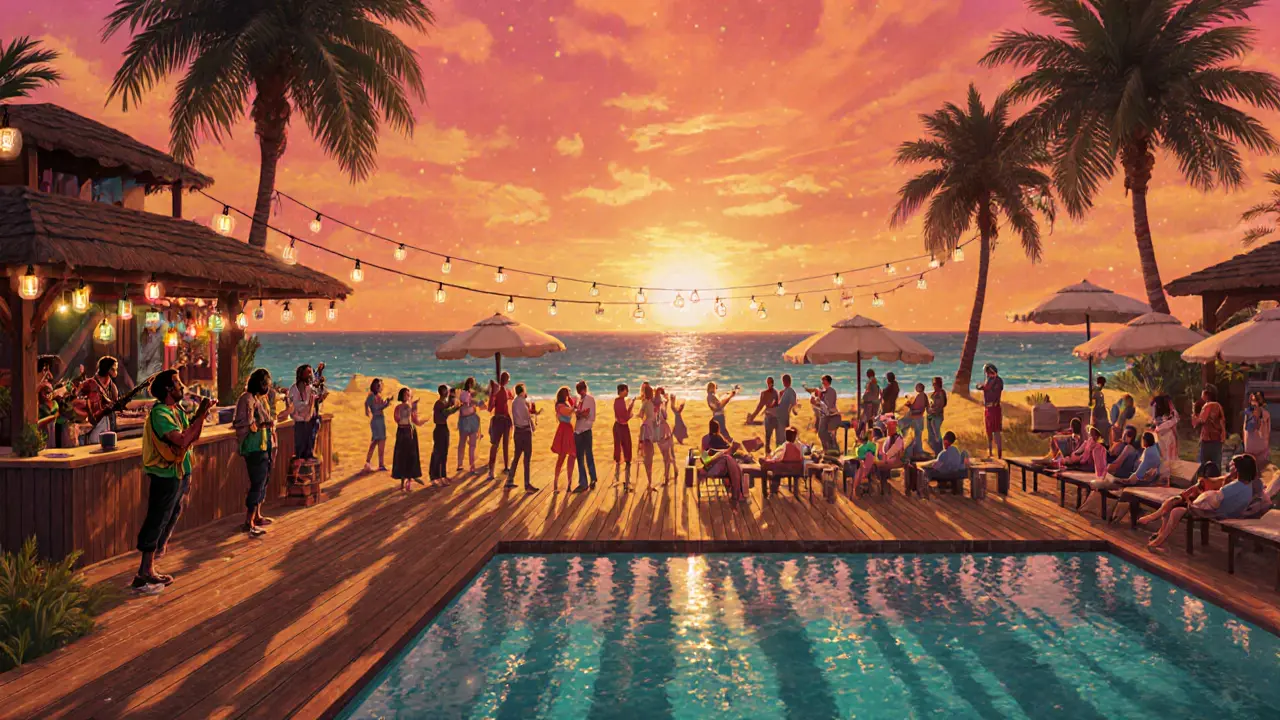 Sunset beach bar scene with crowds, cocktails, palm trees and colorful lanterns.