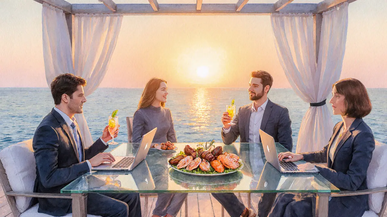 Sunset cabana at Blue Marlin with business meeting, seafood platter and cocktails.