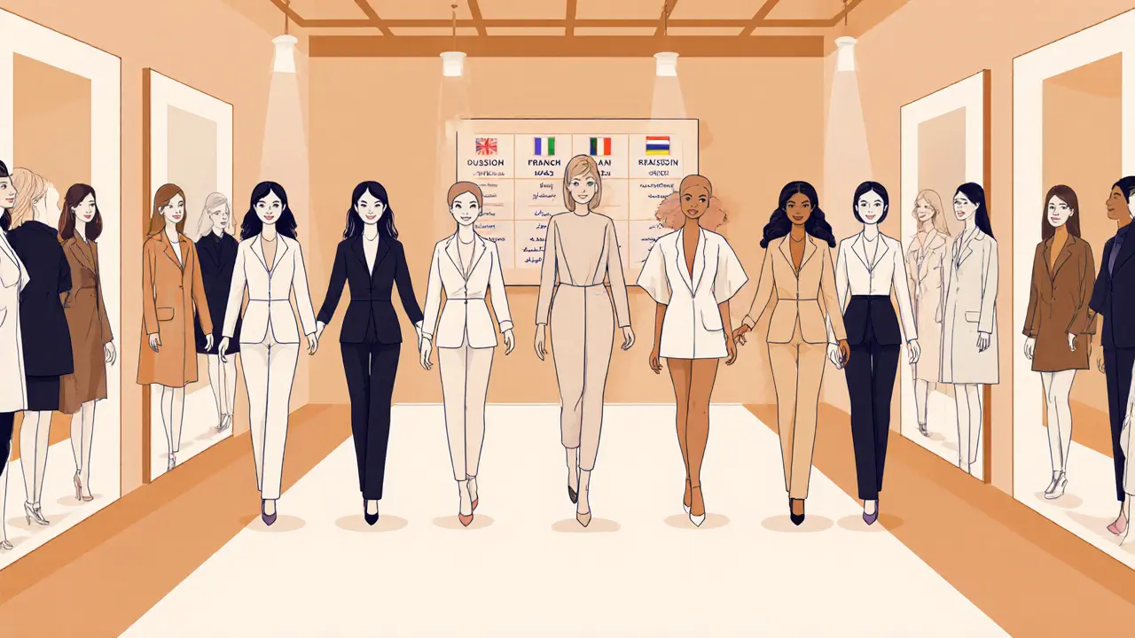 Training academy runway showing Russian, Ukrainian, and Brazilian escort trainees.