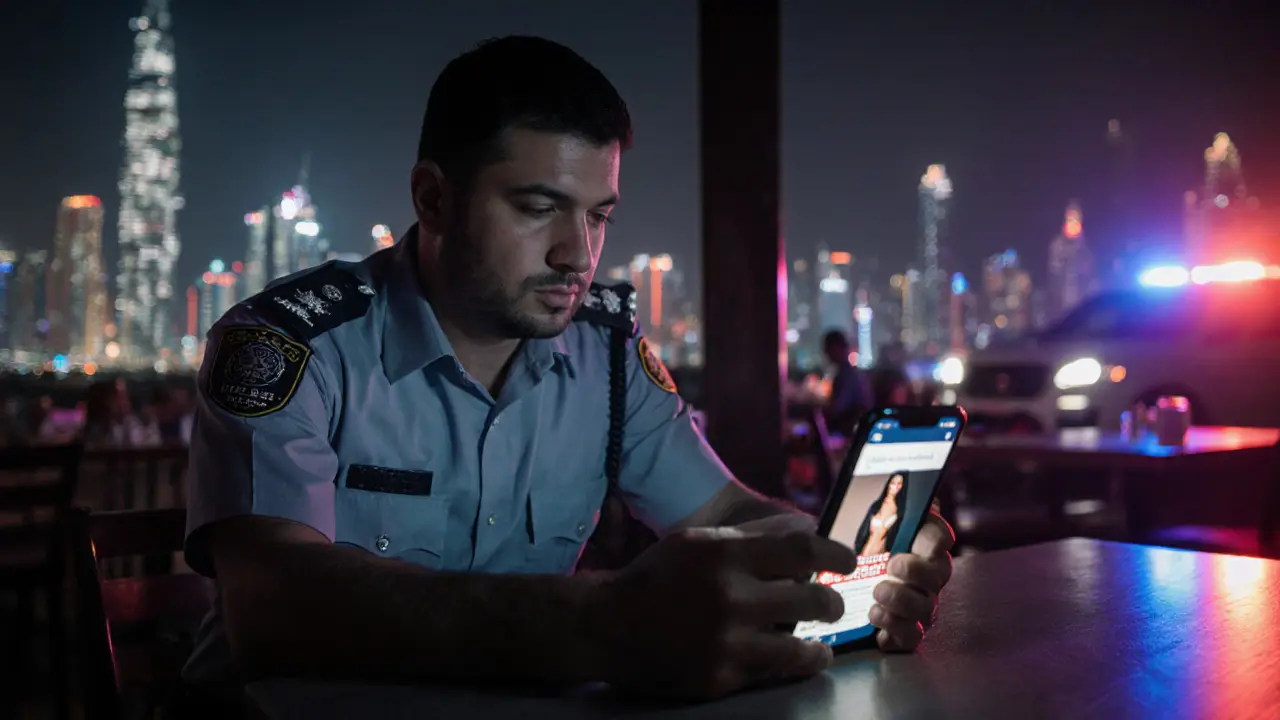 Undercover officer checking an online escort ad on a phone at night.