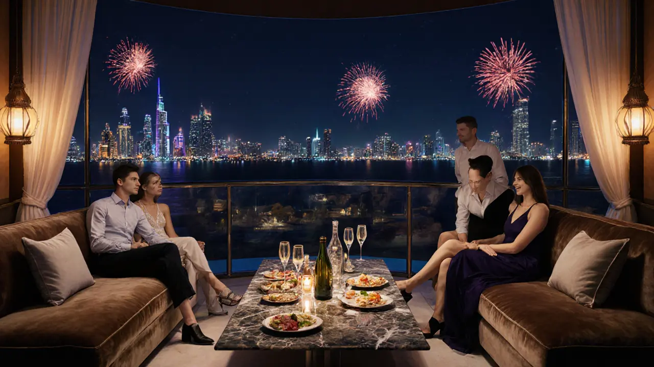VIP cabana on the terrace with champagne, tapas, and view of Palm Jumeirah fireworks.