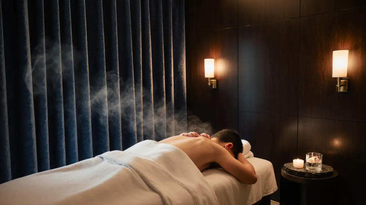 Warmly lit private spa suite with candles, velvet drapes, and a massage table.