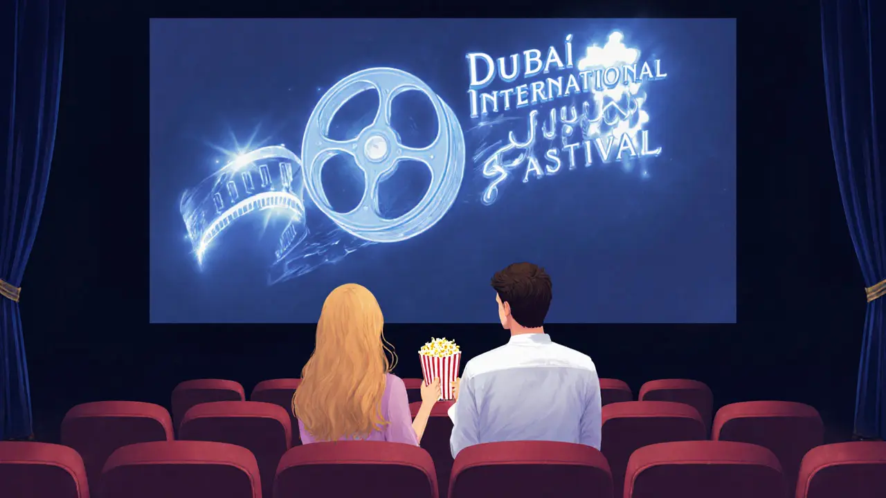 Woman and man watching a film together at Dubai International Film Festival.