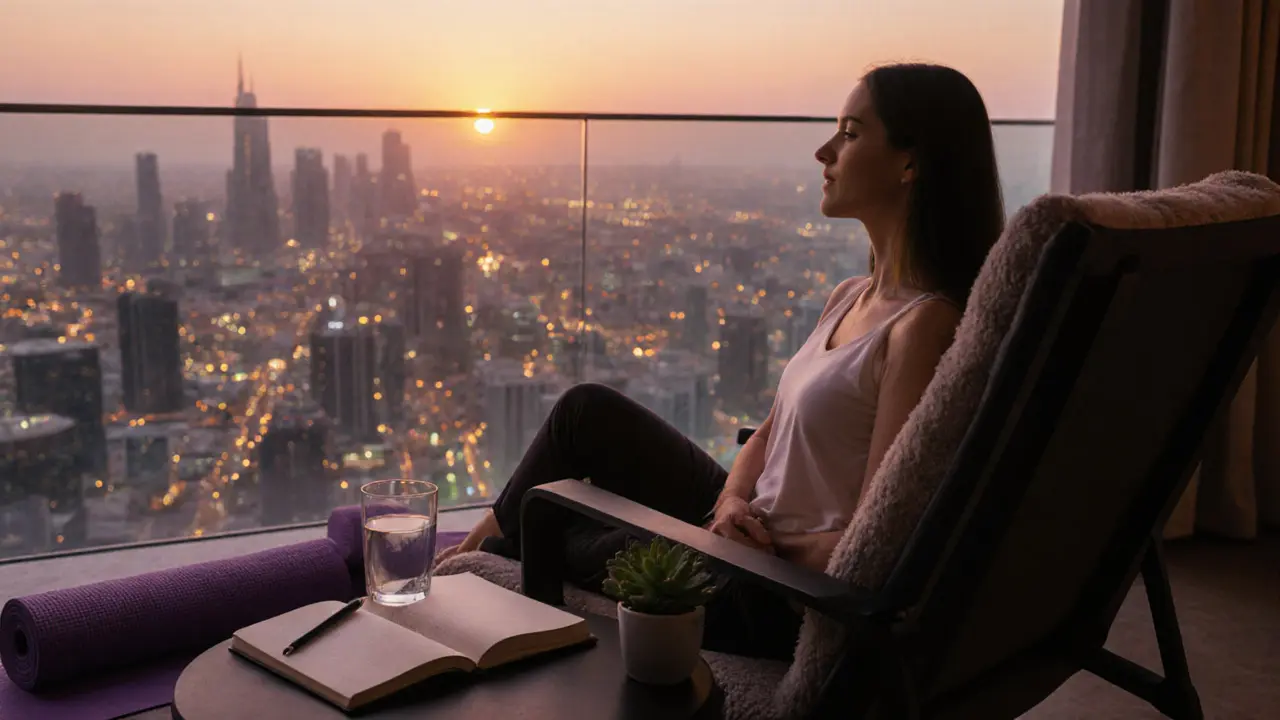 Woman enjoying post‑massage self‑care on a balcony at sunset, with journal and yoga mat.