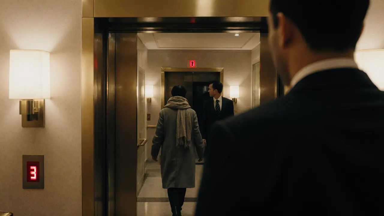 Woman walking away in a luxury building elevator, face hidden, reflection shows another man entering.