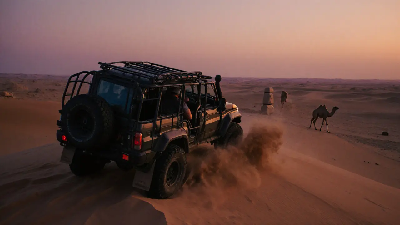 A 4x4 vehicle descending a steep desert dune at dusk, sand flying in slow motion under golden light.