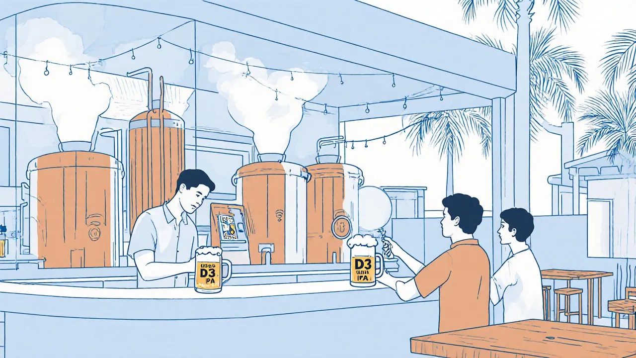A bartender explains beer brewing to a customer at The Brew House, with copper vats visible in the background.