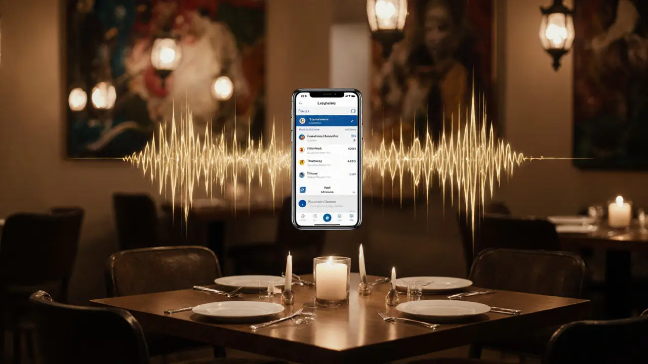 A candlelit restaurant table with a discreet digital payment app floating above, surrounded by warm ambient light.