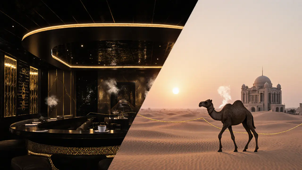 A conceptual split image: luxury nightclub interior blending into desert dawn with coffee at Al Fattan rooftop, symbolizing Dubai&#039;s quiet elegance.