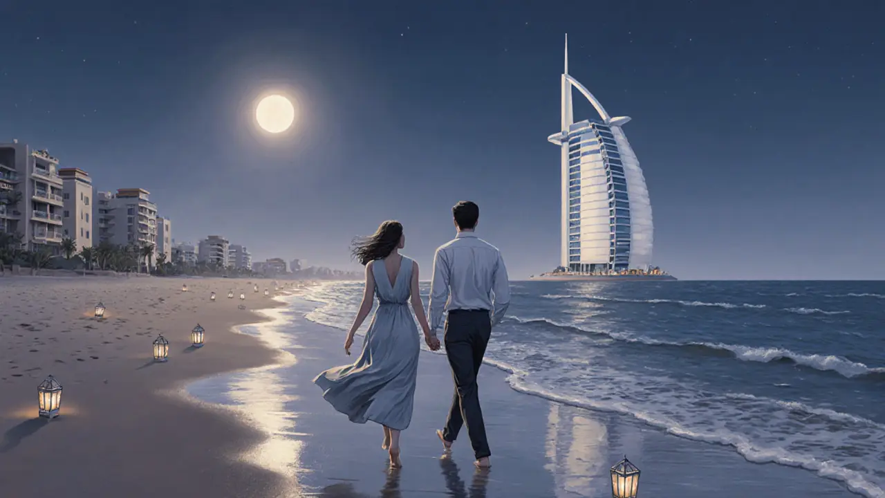 A couple walking peacefully along a moonlit beach in Dubai, Burj Al Arab visible in the distance.