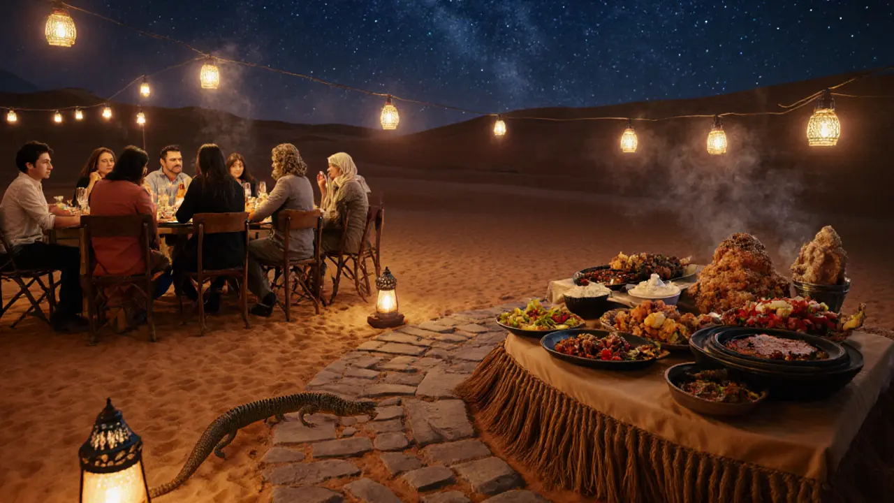 A diverse desert camp dinner buffet under string lights with no wildlife hazards.