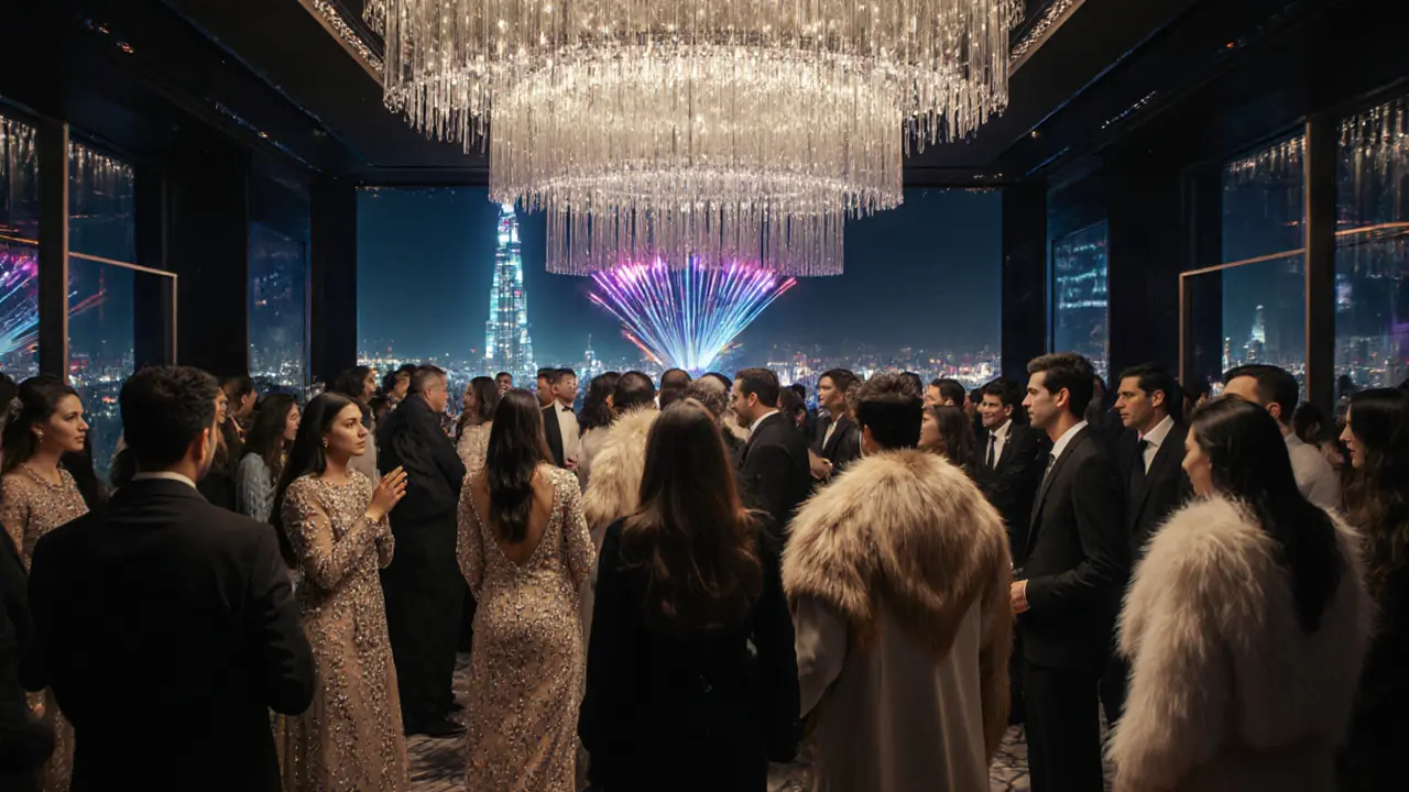 A diverse, elegantly dressed crowd under a dramatic glass chandelier, city lights pulsing softly around them in the night.