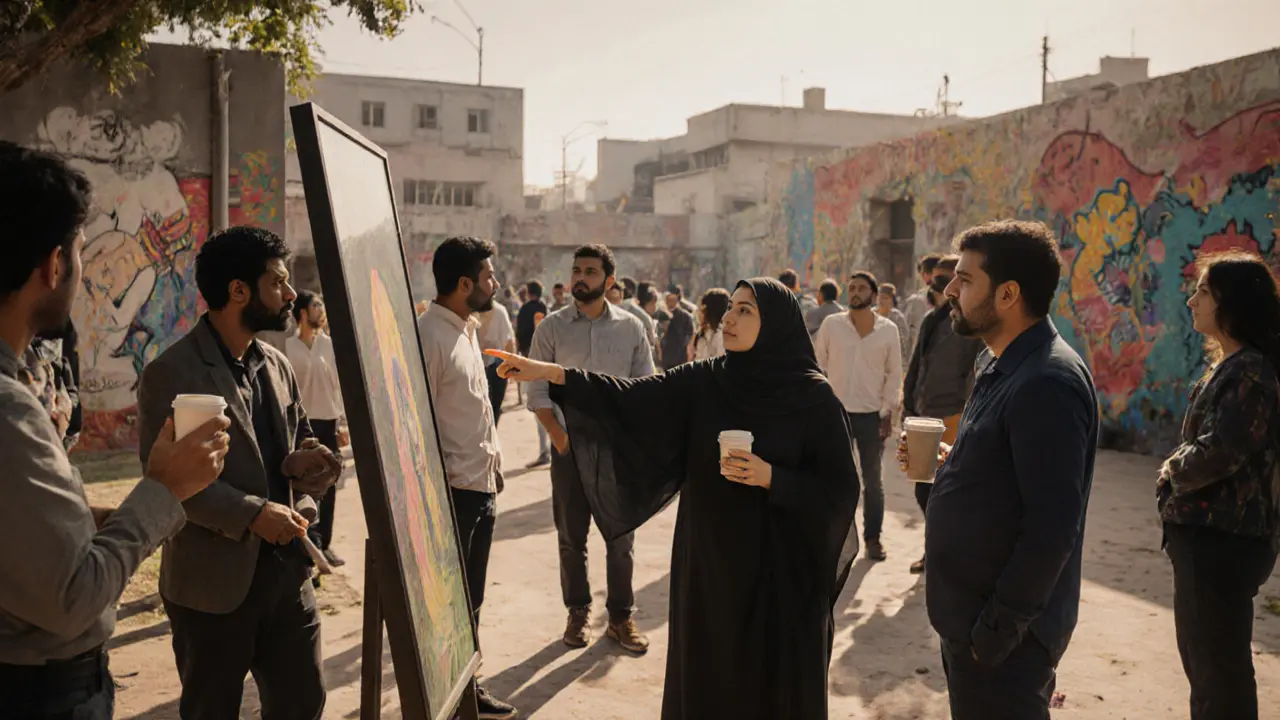 A diverse group engaging in respectful conversation during an art walk in Dubai&#039;s Alserkal Avenue.